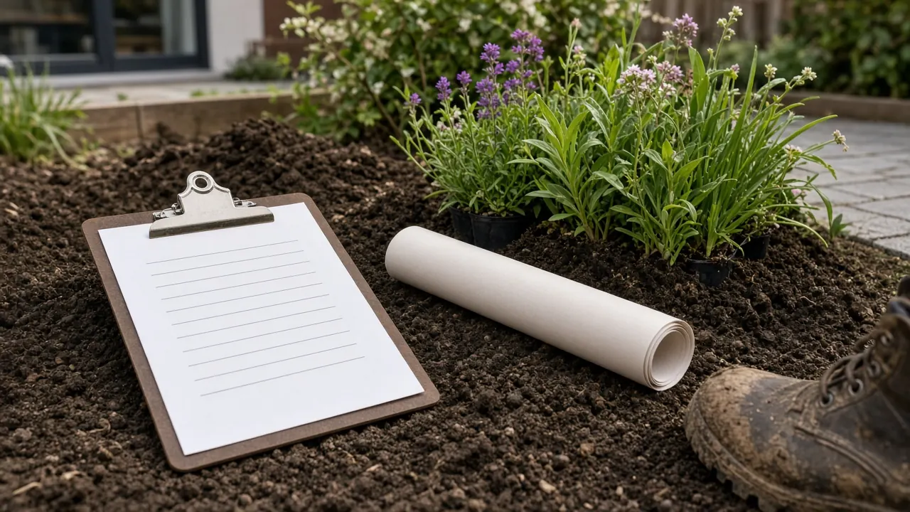 Klembord met projectchecklist naast vers geplante vaste planten op een tuinproject in Eindhoven
