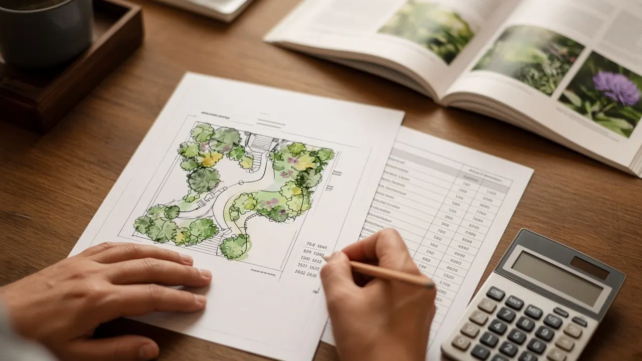 Docent beoordeelt een tuinontwerp-offerte met tekening en calculator in het leslokaal Eindhoven