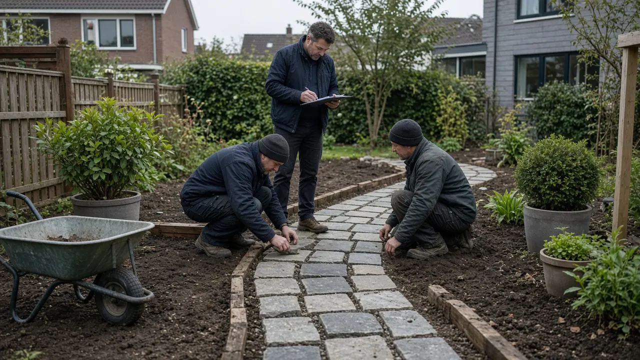 Hoveniersploeg en projectleider stemmen de dagvolgorde af op een tuinproject in Eindhoven
