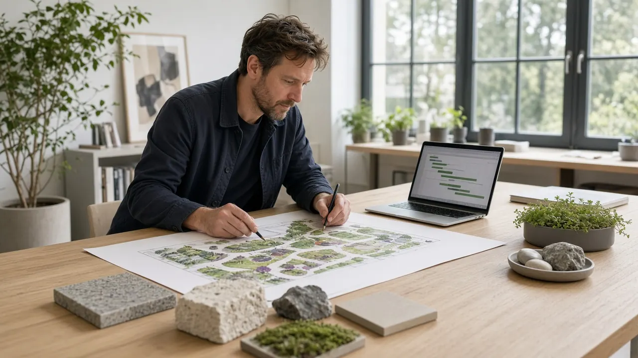 Eerstejaars tuinontwerper ordent tekeningen en bureauafspraken op de lesavond in Eindhoven